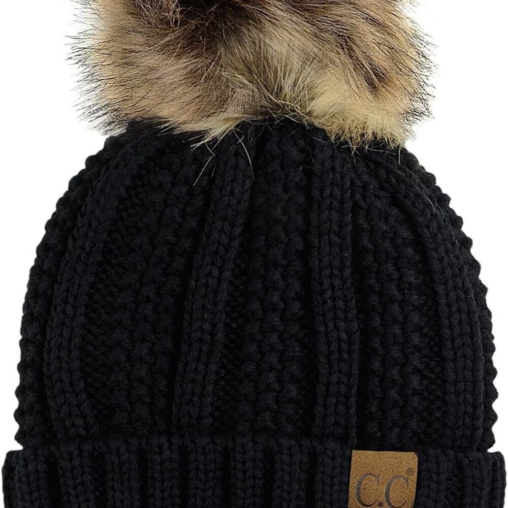 Thick Cable Knit Faux Fuzzy Fur Pom Fleece Lined Skull Cap Cuff Beanie